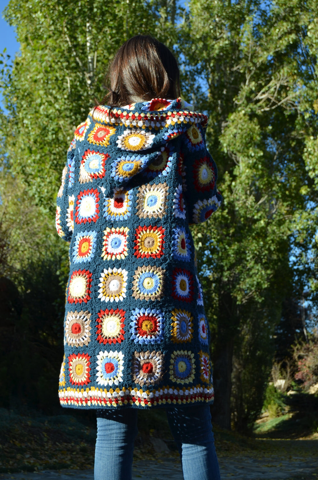 Afgan Cardigan Granny Square Crochet Afghan Coat, Crochet Cardigan Patchwork Jacket, Long Hooded Tunic Bohemian Dress, Festival Outfit