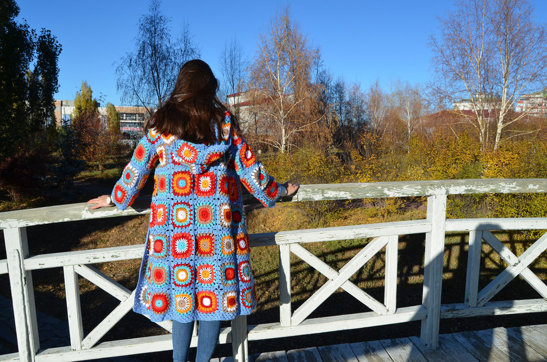 Granny Square Crochet Coat, Afghan Cardigan, Long Crochet Jacket, Patchwork Coat, Oversized Long Sweater, Gifts her, Handmade to Order