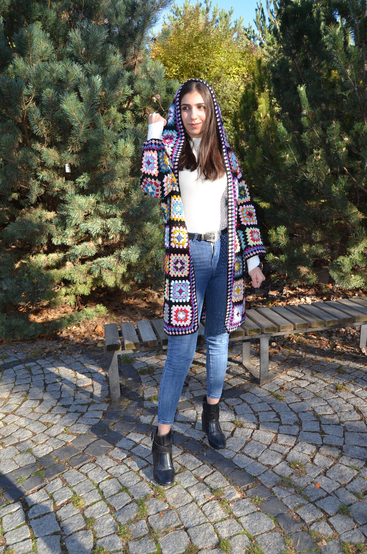 Granny Square Afghan Cardigan, Wool Patchwork Cardigan, Knitted Crochet Coat, Hooded Jacket, Boho Cardigan, Long Oversized Sweater, Gift her