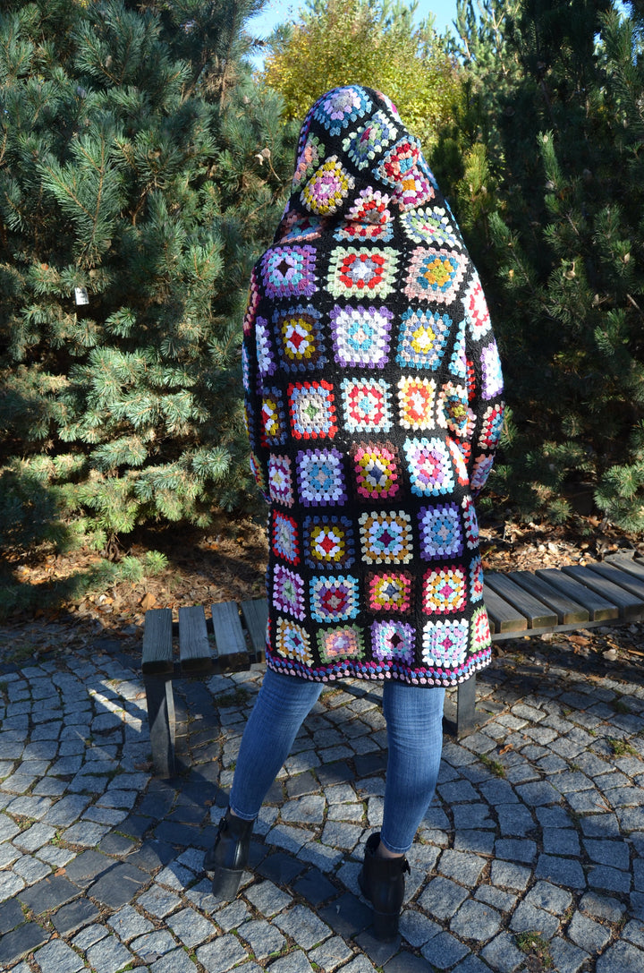 Granny Square Afghan Cardigan, Wool Patchwork Cardigan, Knitted Crochet Coat, Hooded Jacket, Boho Cardigan, Long Oversized Sweater, Gift her