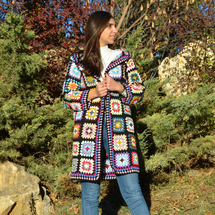 Granny Square Afghan Cardigan, Wool Patchwork Cardigan, Knitted Crochet Coat, Hooded Jacket, Boho Cardigan, Long Oversized Sweater, Gift her