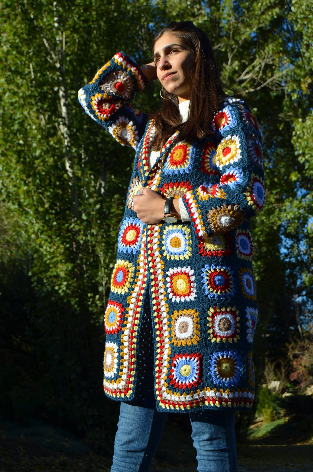 Afgan Cardigan Granny Square Crochet Afghan Coat, Crochet Cardigan Patchwork Jacket, Long Hooded Tunic Bohemian Dress, Festival Outfit