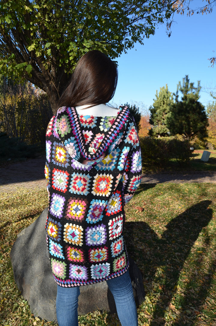 Granny Square Afghan Cardigan, Wool Patchwork Cardigan, Knitted Crochet Coat, Hooded Jacket, Boho Cardigan, Long Oversized Sweater, Gift her