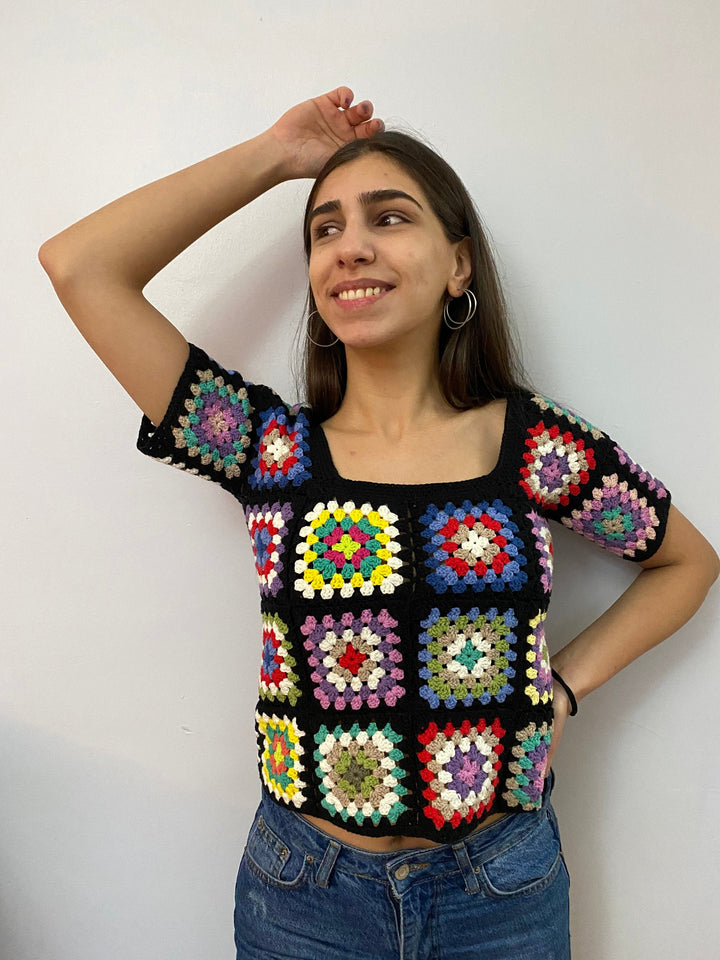 Granny Square Afghan Sweater, Wool Patchwork Sweater, Knitted Crochet, Boho Style Sweater, Hippie Festival top, Granny square Cropped top