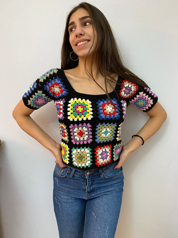 Granny Square Afghan Sweater, Wool Patchwork Sweater, Knitted Crochet, Boho Style Sweater, Hippie Festival top, Granny square Cropped top