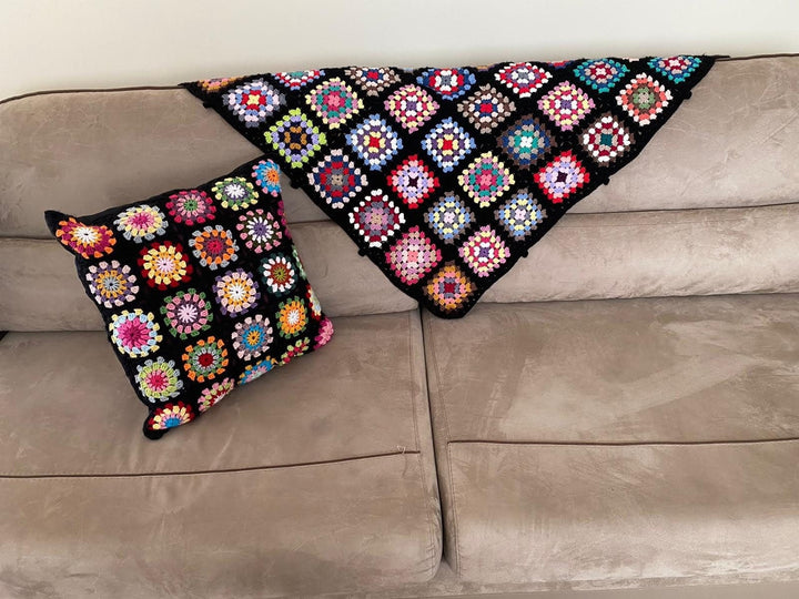 Granny Square Afghan Crochet Blanket, Bedspread Throw, Knitted sofa blanket, Large crochet blanket, vintage, retro