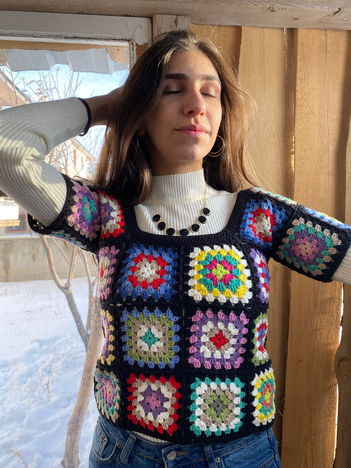 Granny Square Afghan Sweater, Wool Patchwork Sweater, Knitted Crochet, Boho Style Sweater, Hippie Festival top, Granny square Cropped top