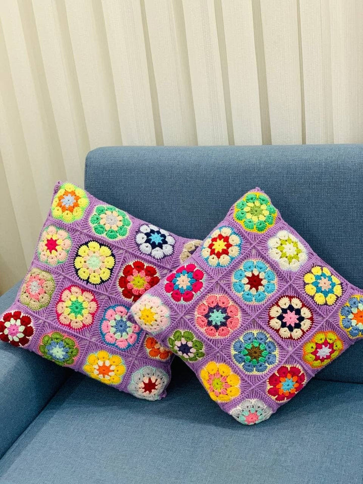 Crochet Daisy Pillow Cover Colorful, Granny Square Crochet Pillow Cover, Cushion Cover, Granny Coloful pillow cover, Black Pillow