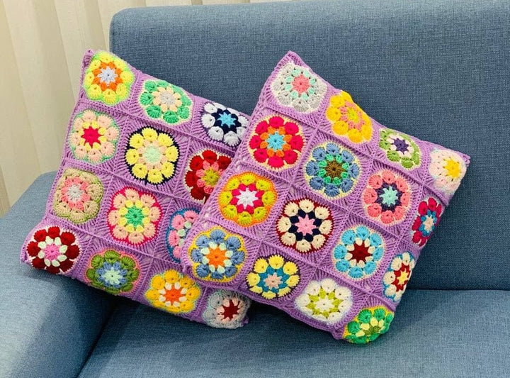 Crochet Daisy Pillow Cover Colorful, Granny Square Crochet Pillow Cover, Cushion Cover, Granny Coloful pillow cover, Black Pillow