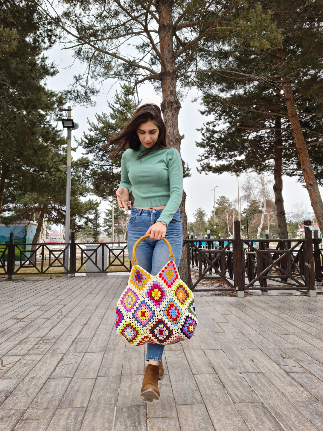 Crochet Afgan Women Bag, Granny Square Toto Bag, Crochet Purse, Crochet tote Bag, Retro Style, Beach Bag, Vintage Style