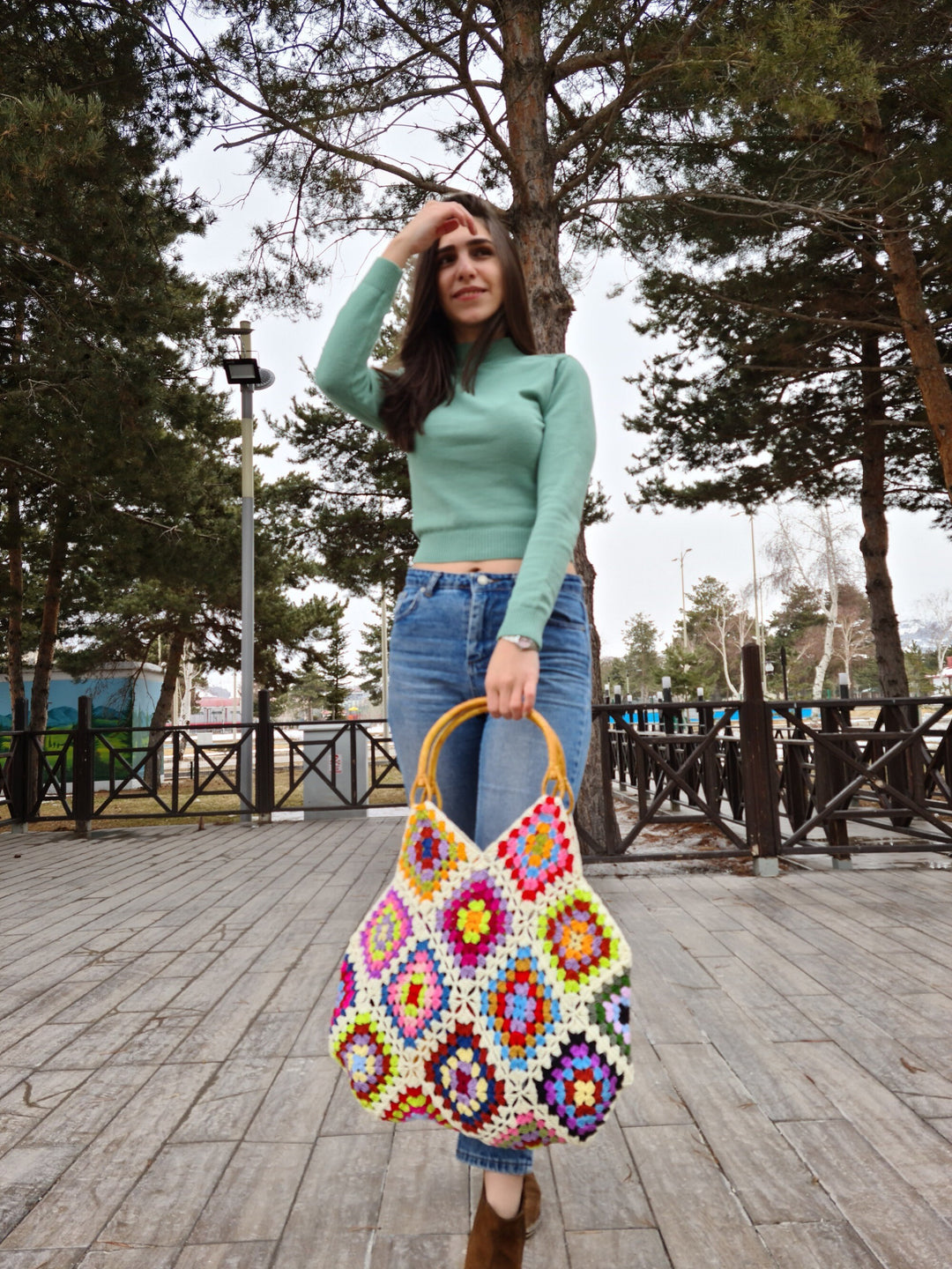 Crochet Afgan Women Bag, Granny Square Toto Bag, Crochet Purse, Crochet tote Bag, Retro Style, Beach Bag, Vintage Style