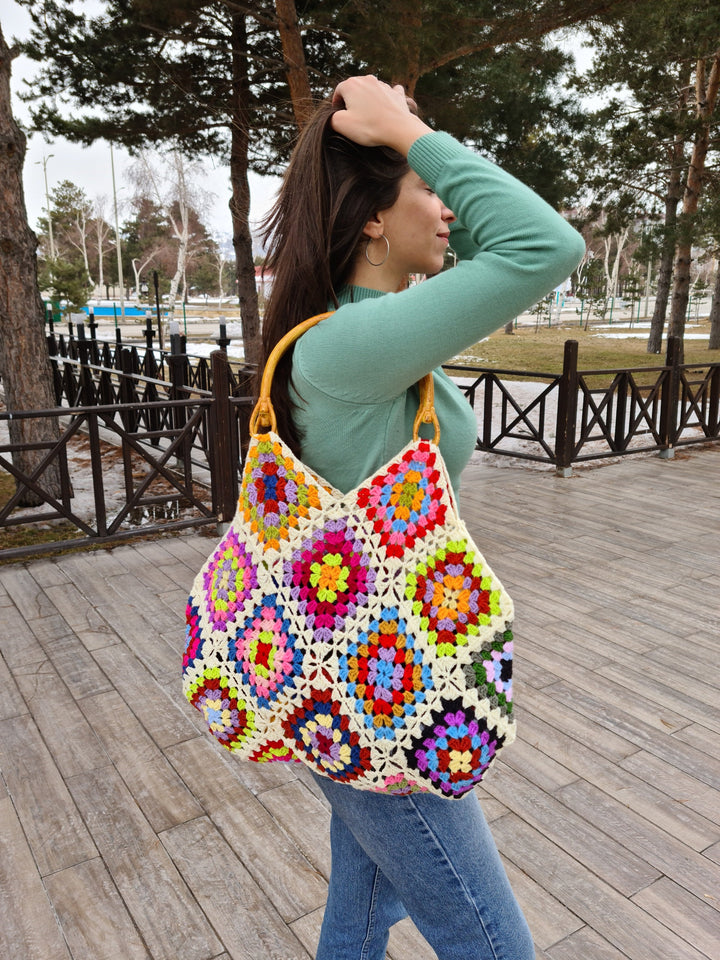 Crochet Afgan Women Bag, Granny Square Toto Bag, Crochet Purse, Crochet tote Bag, Retro Style, Beach Bag, Vintage Style