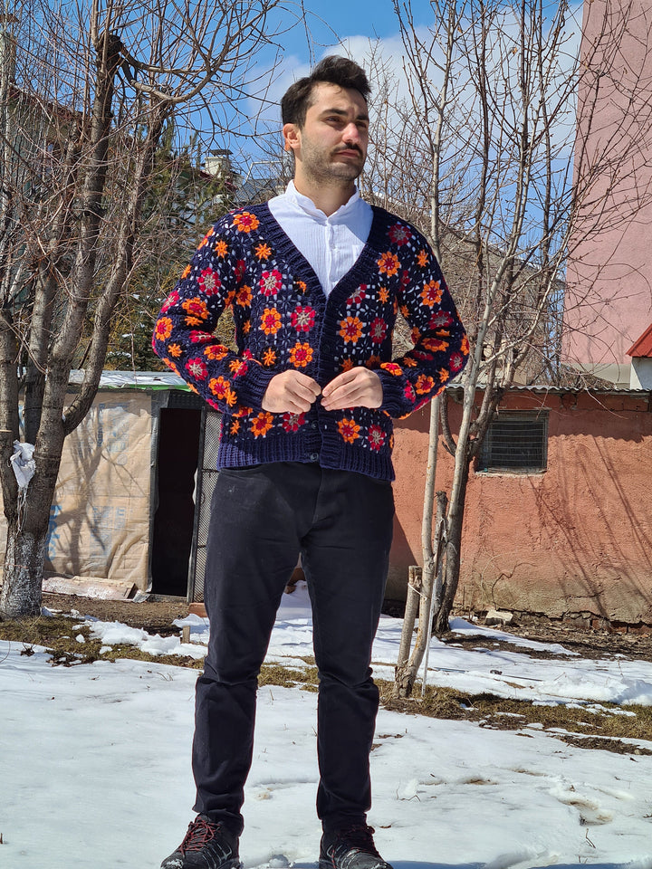 Crochet Men Sweater, Afghan Crochet Cardigan, Hand Knitted Cardigan, Granny Square, Jacket Sweater, Vintage Cardigan, Boho Style