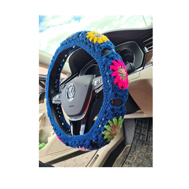 Crochet Steering Wheel Cover, fathers day gift, Blue Daisy Flower Steering Wheel Cover, Crochet Car Accessories, Fathers Day