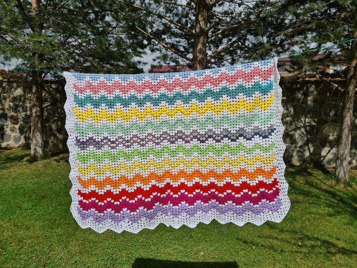 Crochet Afghan Blanket, Rainbow Knitted sofa blanket, Granny Square Bedspread Throw, large crochet blanket, vintage blanket, retro blanket