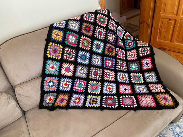 Granny Square Afghan Crochet Blanket, Bedspread Throw, Knitted sofa blanket, Large crochet blanket, vintage, retro