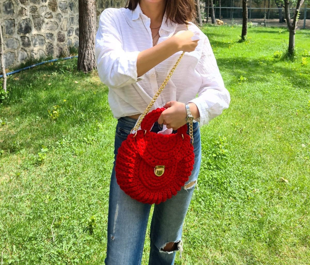 Crochet Bag, Handknit Macrame Bag, Granny Square Red Bag, Crochet Macrome Bag, Boho Bag, Crochet Purse, Retro Bag, Hippie Bag