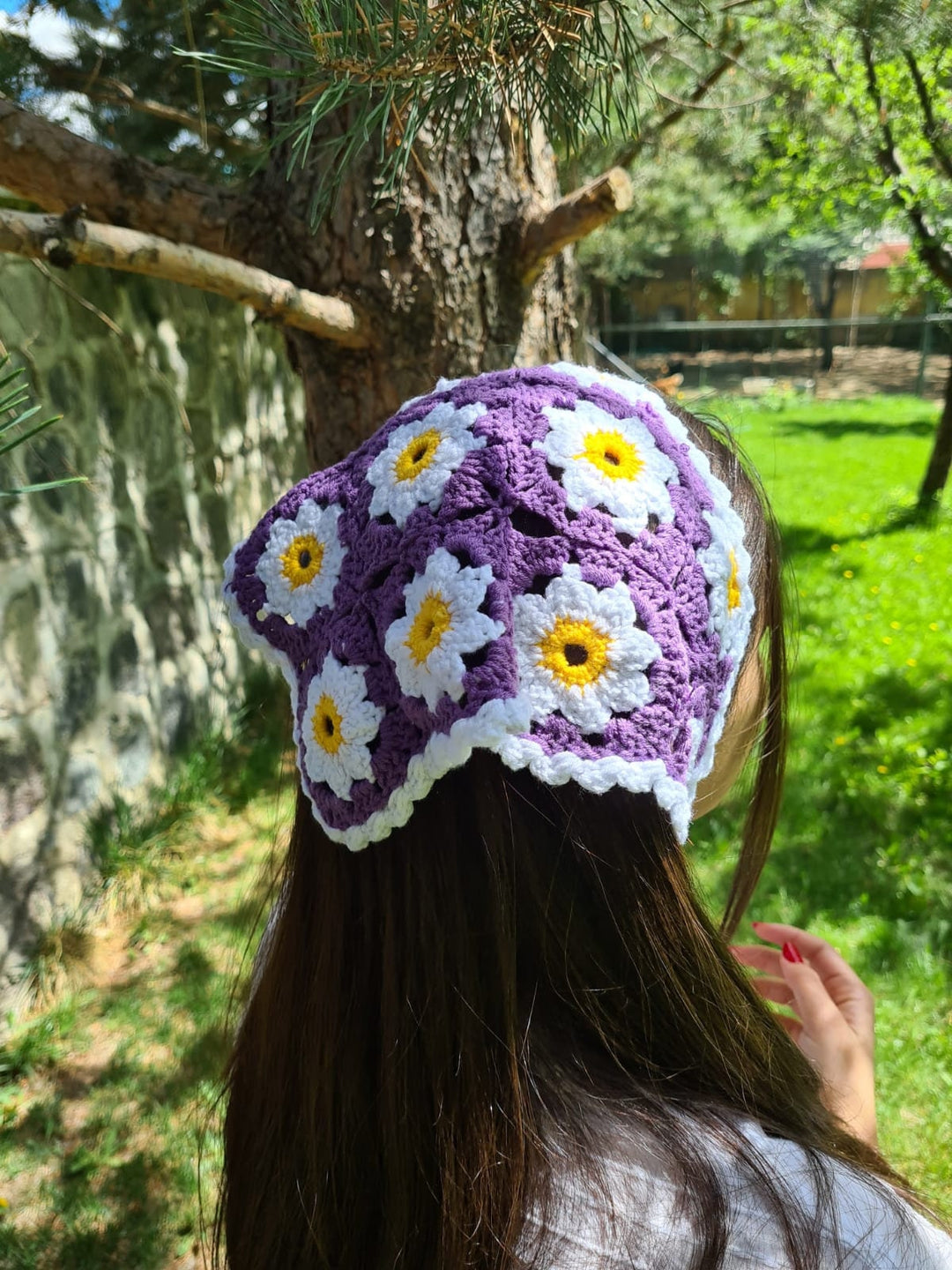 Daisy Purple Crochet Bandana, Flower Hair Kerchief, Orange Hair Scarf, Retro Bandana, Mothers Day Gift for Her, Crochet Hair Accessory