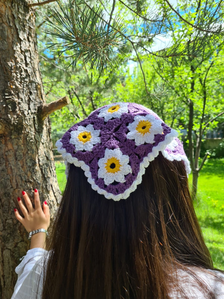 Daisy Purple Crochet Bandana, Flower Hair Kerchief, Orange Hair Scarf, Retro Bandana, Mothers Day Gift for Her, Crochet Hair Accessory