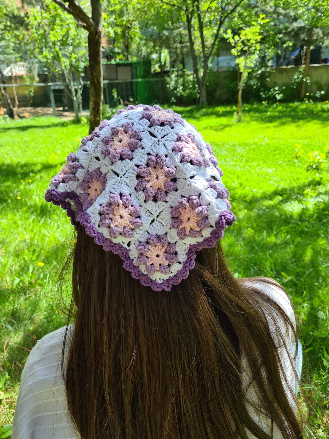 Daisy Purple Crochet Bandana, Flower Hair Kerchief, Hair Scarf, Retro Bandana, Mothers Day Gift for Her, Crochet Hair Accessory