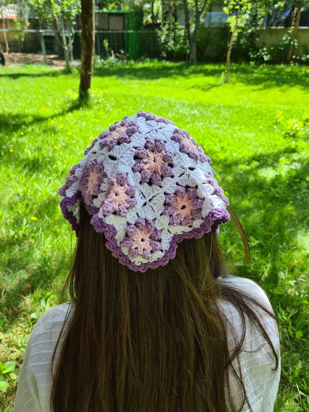 Daisy Purple Crochet Bandana, Flower Hair Kerchief, Hair Scarf, Retro Bandana, Mothers Day Gift for Her, Crochet Hair Accessory