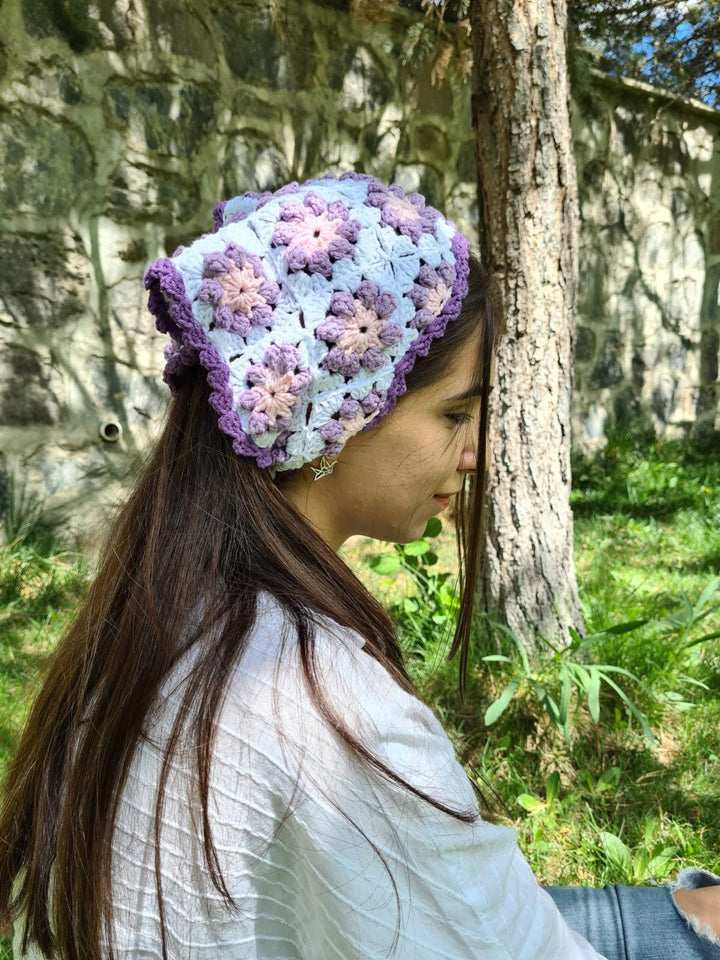 Daisy Purple Crochet Bandana, Flower Hair Kerchief, Hair Scarf, Retro Bandana, Mothers Day Gift for Her, Crochet Hair Accessory