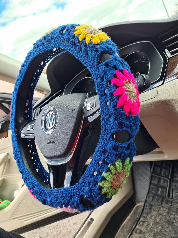 Crochet Steering Wheel Cover, fathers day gift, Blue Daisy Flower Steering Wheel Cover, Crochet Car Accessories, Fathers Day