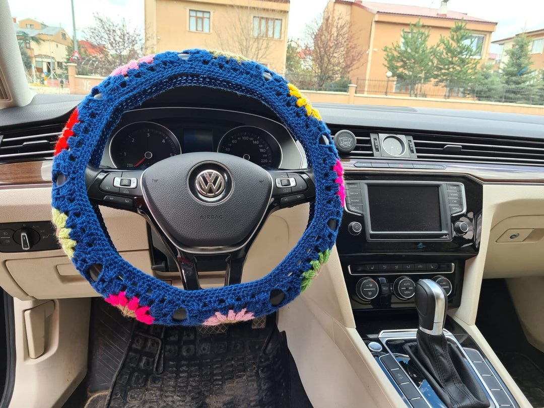 Crochet Steering Wheel Cover, fathers day gift, Blue Daisy Flower Steering Wheel Cover, Crochet Car Accessories, Fathers Day