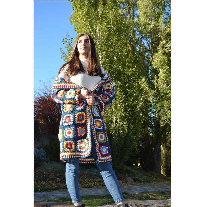 Afgan Cardigan Granny Square Crochet Afghan Coat, Crochet Cardigan Patchwork Jacket, Long Hooded Tunic Bohemian Dress, Festival Outfit