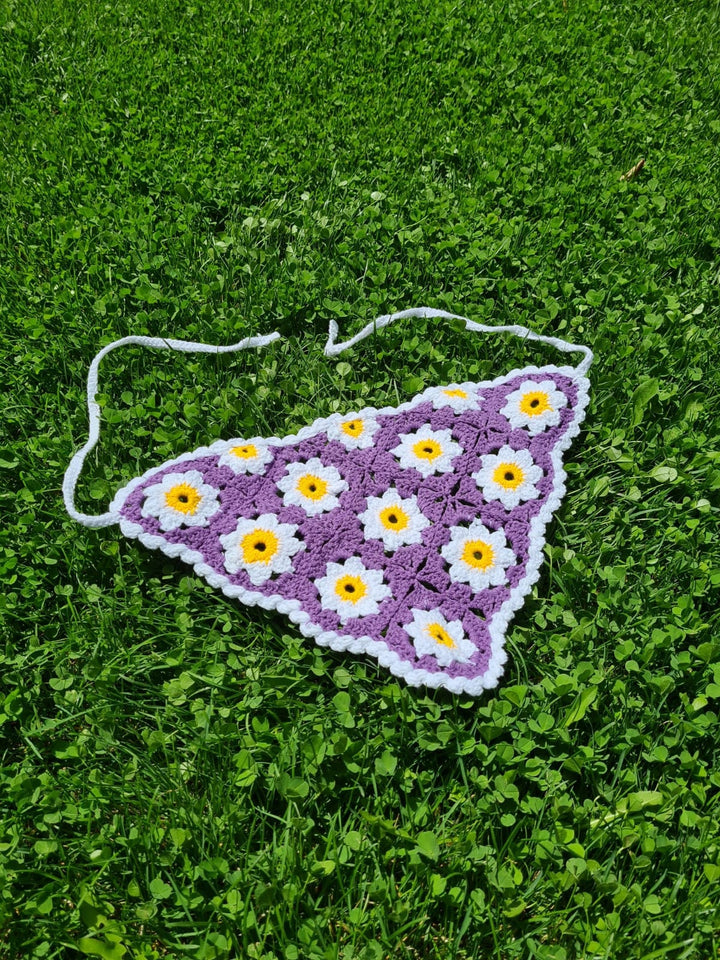 Daisy Purple Crochet Bandana, Flower Hair Kerchief, Orange Hair Scarf, Retro Bandana, Mothers Day Gift for Her, Crochet Hair Accessory