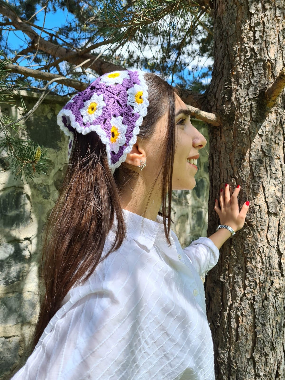 Daisy Purple Crochet Bandana, Flower Hair Kerchief, Orange Hair Scarf, Retro Bandana, Mothers Day Gift for Her, Crochet Hair Accessory