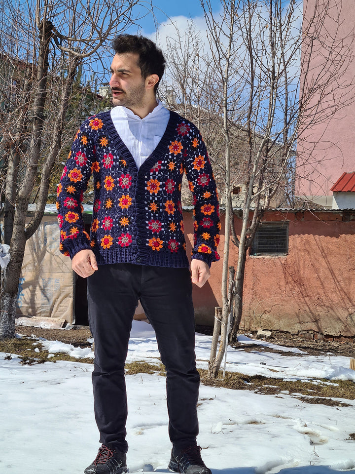 Crochet Men Sweater, Afghan Crochet Cardigan, Hand Knitted Cardigan, Granny Square, Jacket Sweater, Cardigan, Boho Style