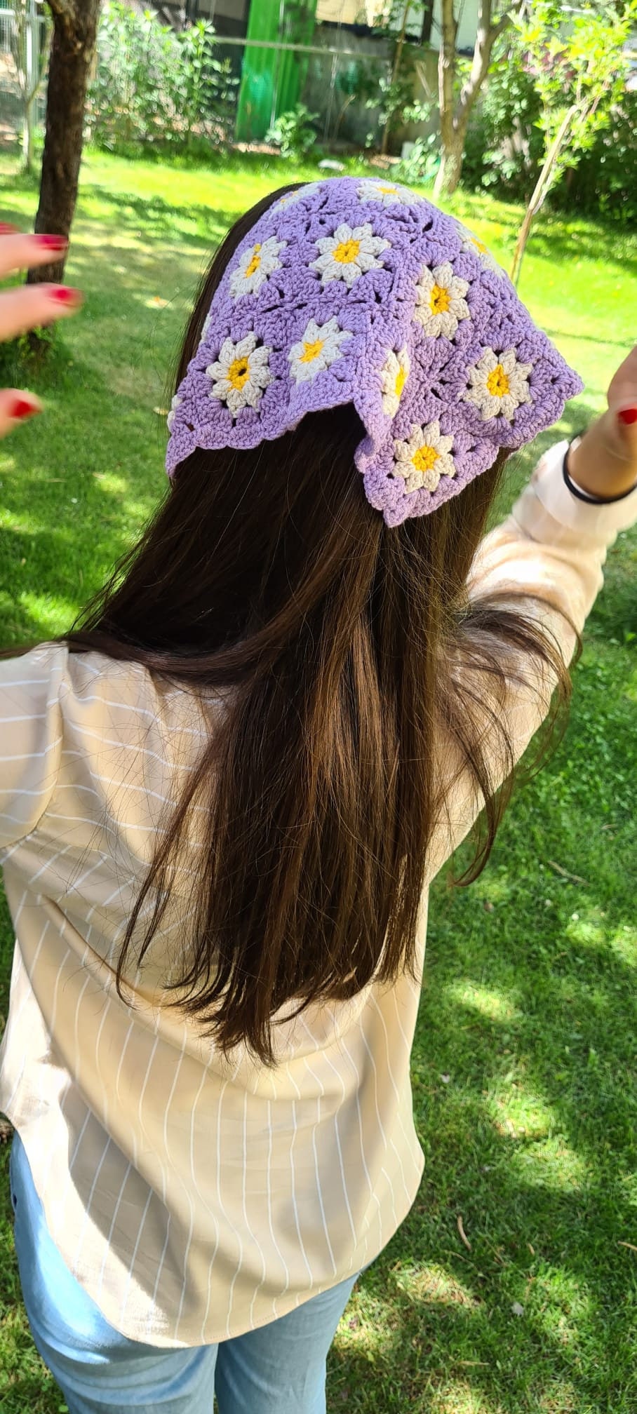 Daisy Crochet Bandana Purple, Beach Bandana, Sport head kerchief, Baptism headband, Hair accessory, Flower Hair Kerchief, Retro Bandana