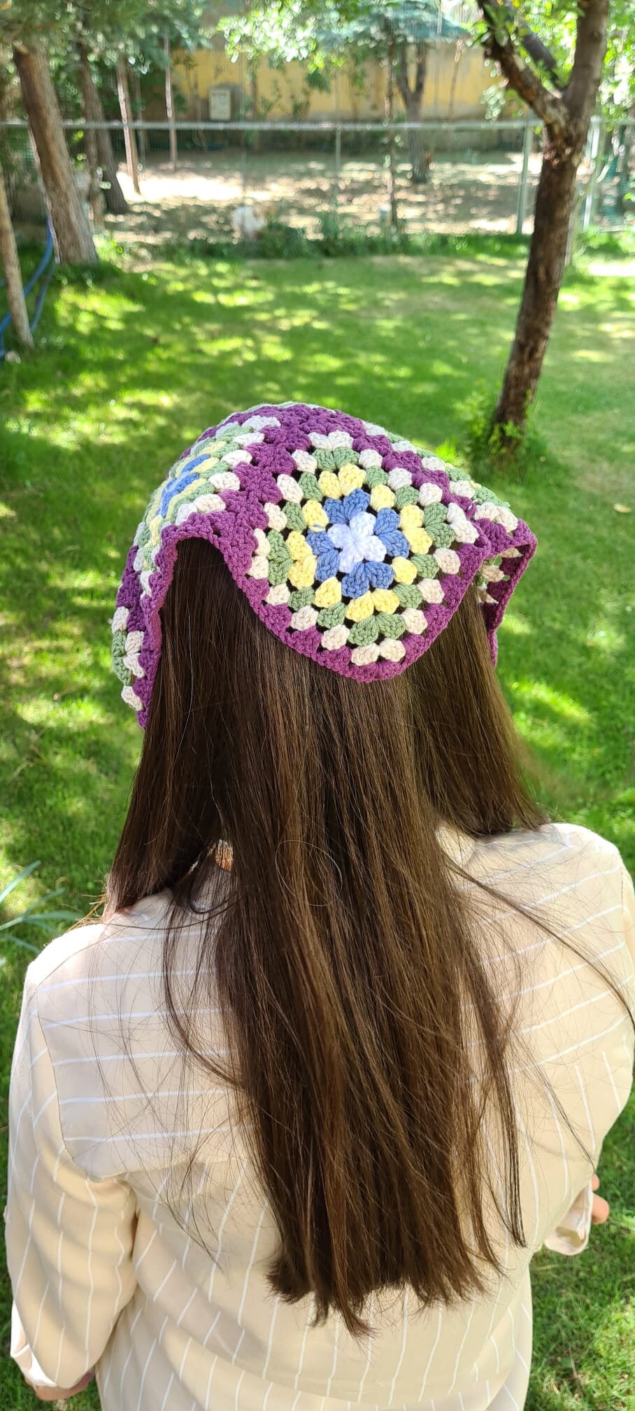 Granny Square Crochet Bandana, Crochet Headband ,Handknit Hair Kerchief, Purple Hair Scarf, Hippie Hair Accessory, Boho Gypsy Kerchief