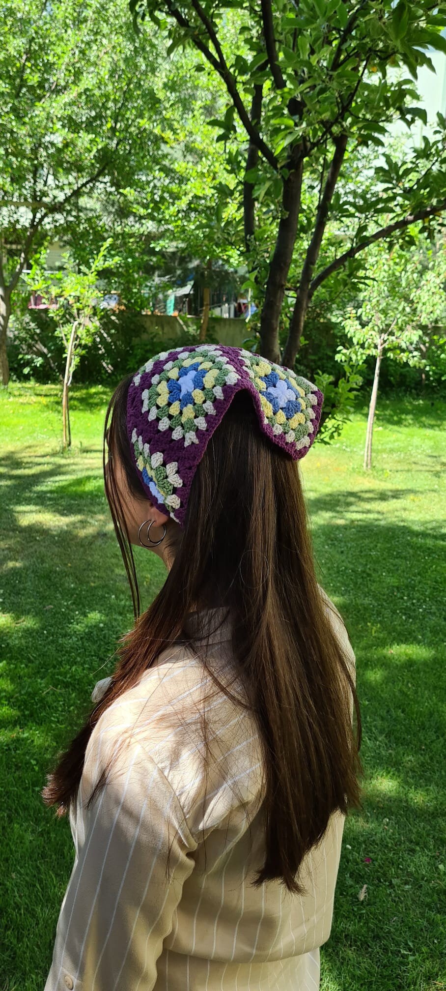 Granny Square Crochet Bandana, Crochet Headband ,Handknit Hair Kerchief, Purple Hair Scarf, Hippie Hair Accessory, Boho Gypsy Kerchief