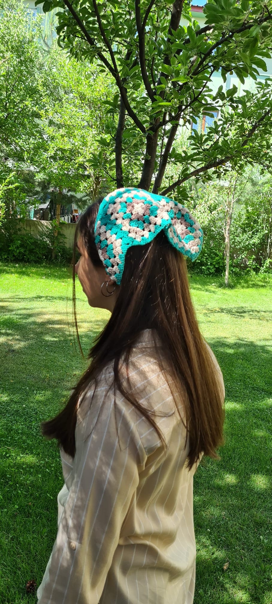 Green Crochet Bandana, Knit Women Bandana, Hair Kerchief, Hair Scarf, Retro Bandana, Mother Day Gift, Crochet Hair Accessory