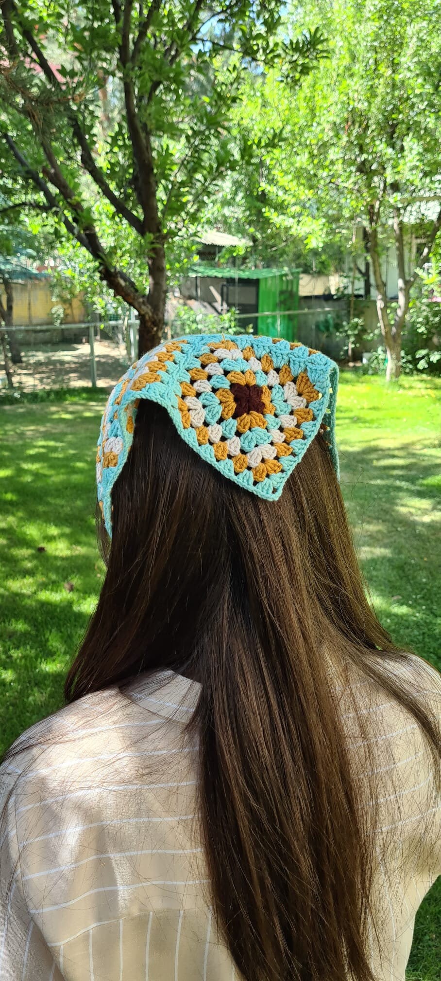 Green Crochet Bandana, Knitted Hair Kerchief, Woman Hair Scarf, Retro Bandana, Valentine's Day Gift for Her, Crochet Hair Accessory