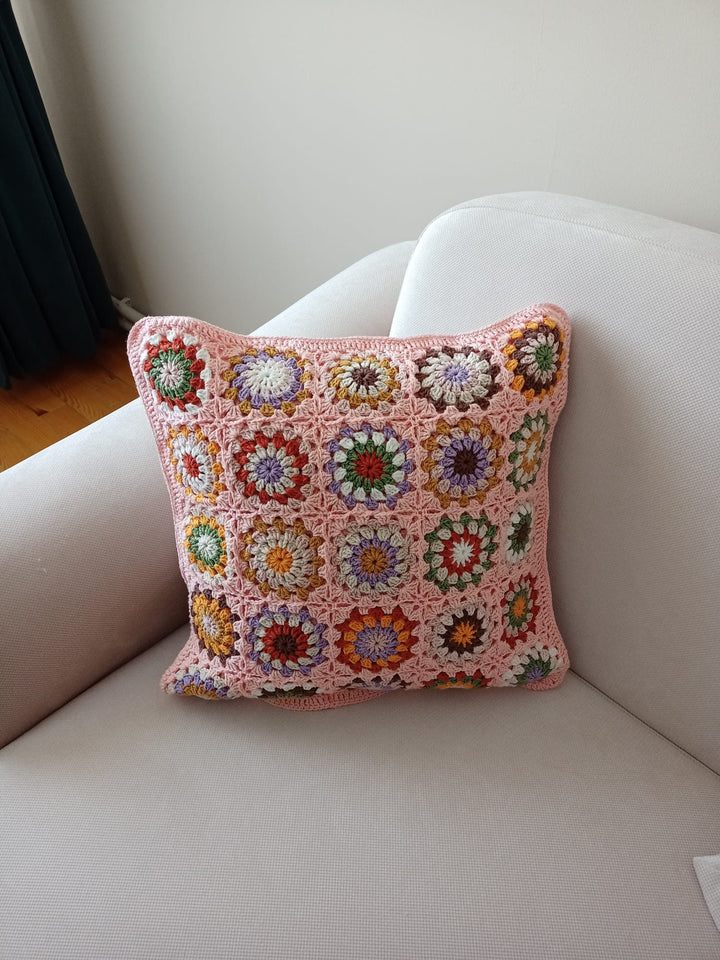 Crochet Daisy Pillow Cover Colorful, Granny Square Crochet Pillow Cover, Cushion Cover, Granny Coloful pillow cover, Pink Pillow