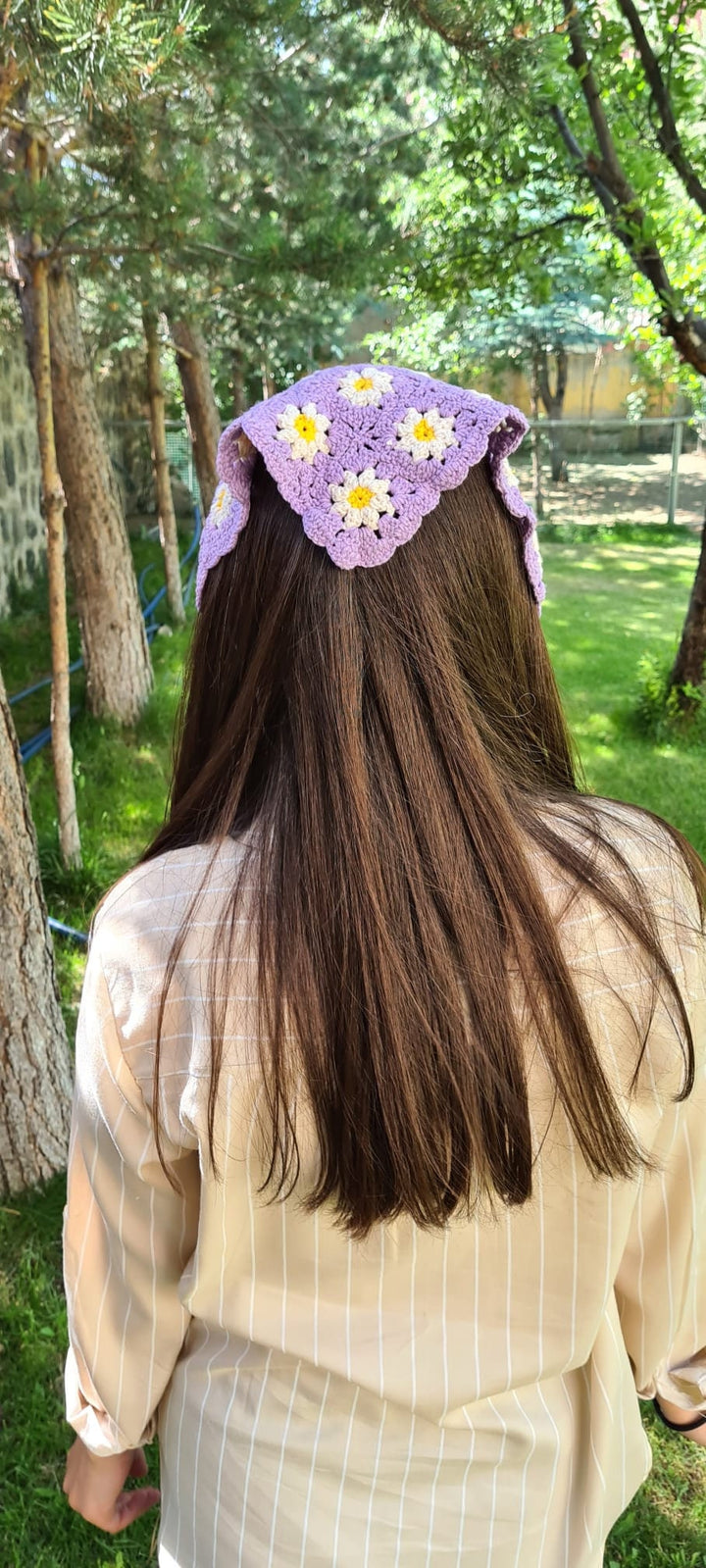 Daisy Crochet Bandana Purple, Beach Bandana, Sport head kerchief, Baptism headband, Hair accessory, Flower Hair Kerchief, Retro Bandana