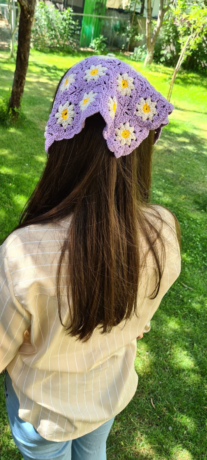 Daisy Crochet Bandana Purple, Beach Bandana, Sport head kerchief, Baptism headband, Hair accessory, Flower Hair Kerchief, Retro Bandana