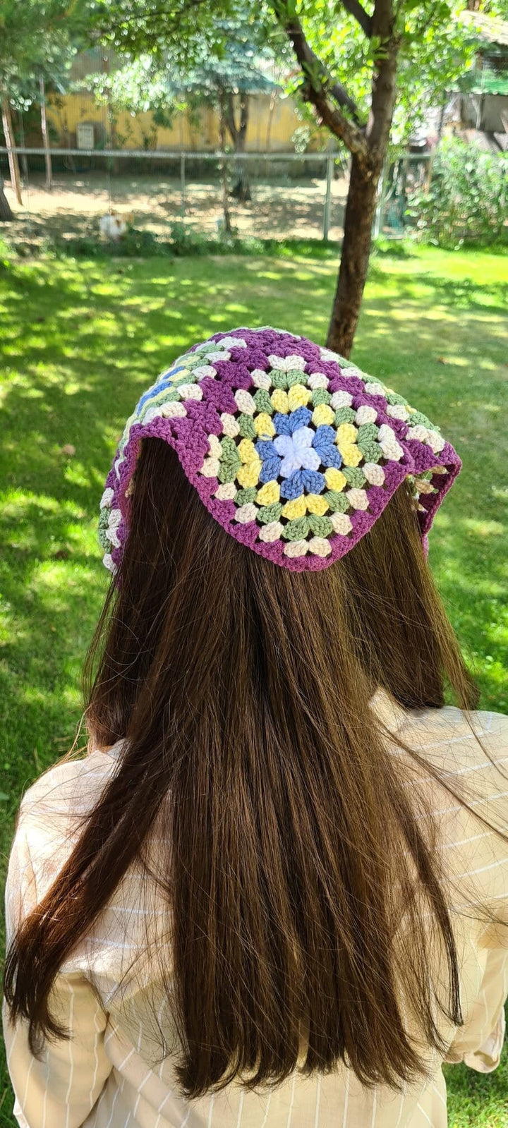 Granny Square Crochet Bandana, Crochet Headband ,Handknit Hair Kerchief, Purple Hair Scarf, Hippie Hair Accessory, Boho Gypsy Kerchief