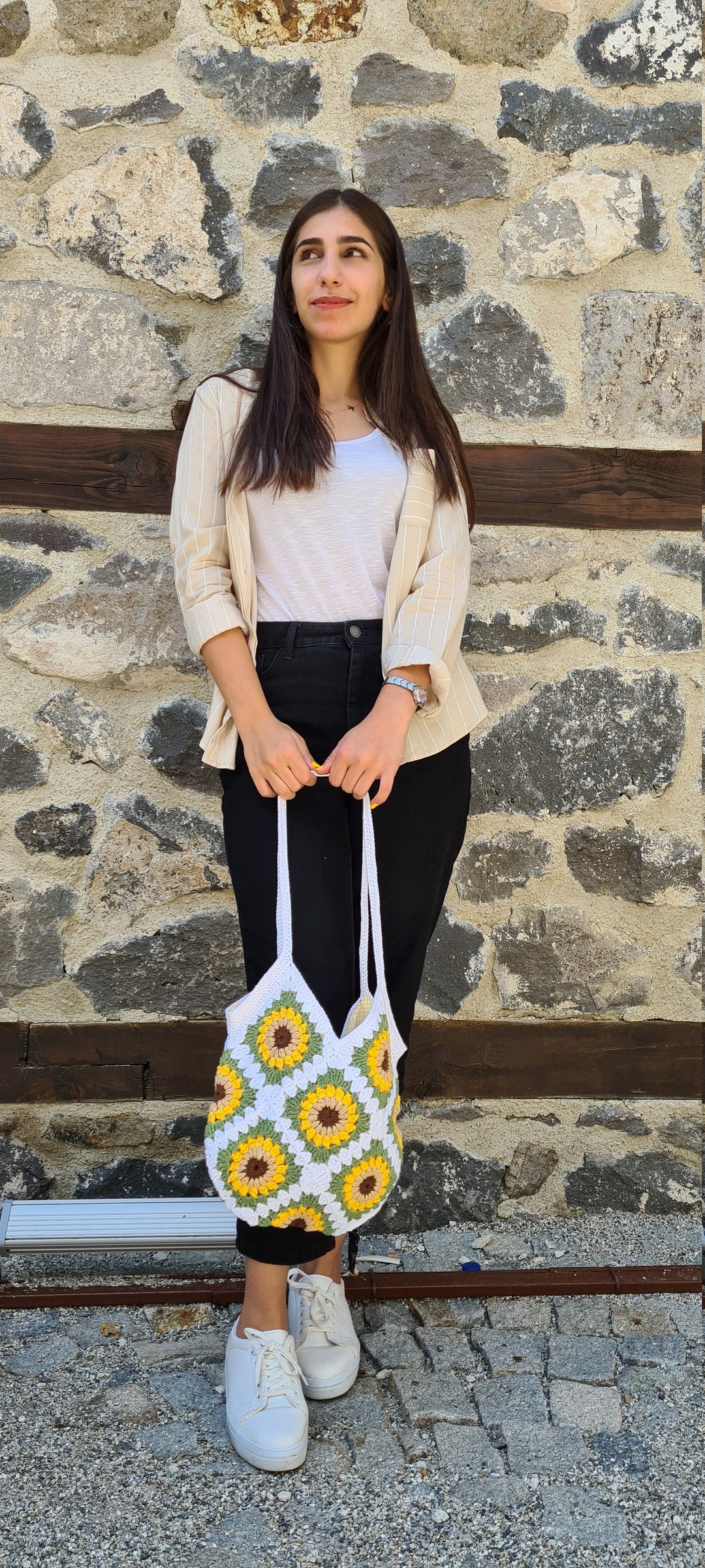 Crochet Sunflower Bags, HandKnit Daisy Bag, Granny Square Bag, Crochet Afghan Bag, Flower Bag, Crochet Purse, Retro Bag, Hippie Bag