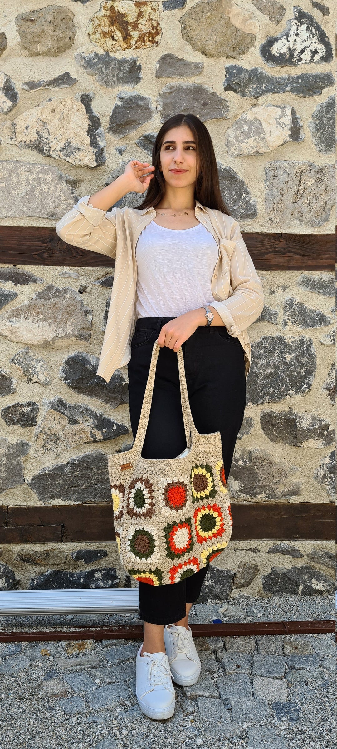 Crochet Patchwork Bag, Sunflower Crochet Shoulder Bag, Brown Festival Bag, HandKnit Boho Bag, Crochet Purse, Retro Bag, Afgan Crochet