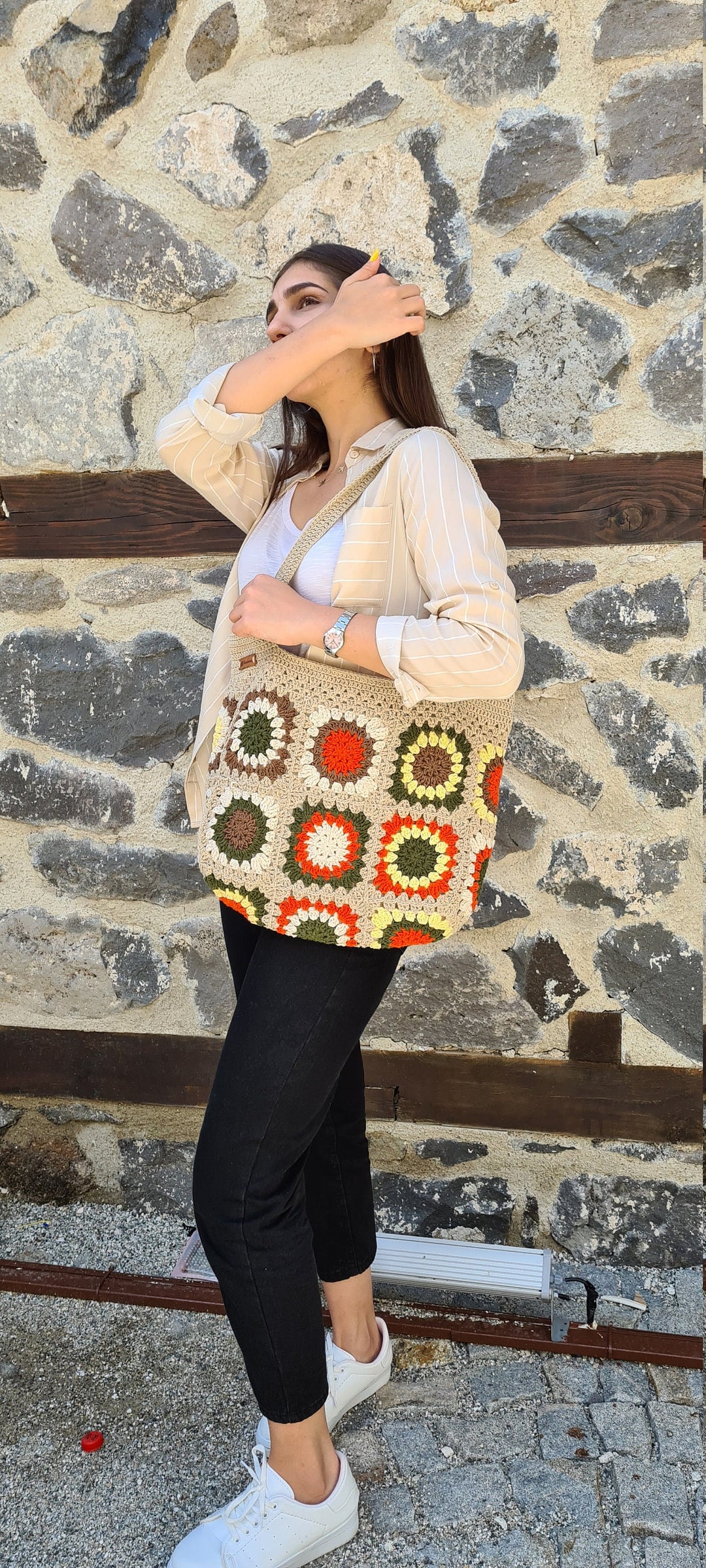 Crochet Patchwork Bag, Sunflower Crochet Shoulder Bag, Brown Festival Bag, HandKnit Boho Bag, Crochet Purse, Retro Bag, Afgan Crochet