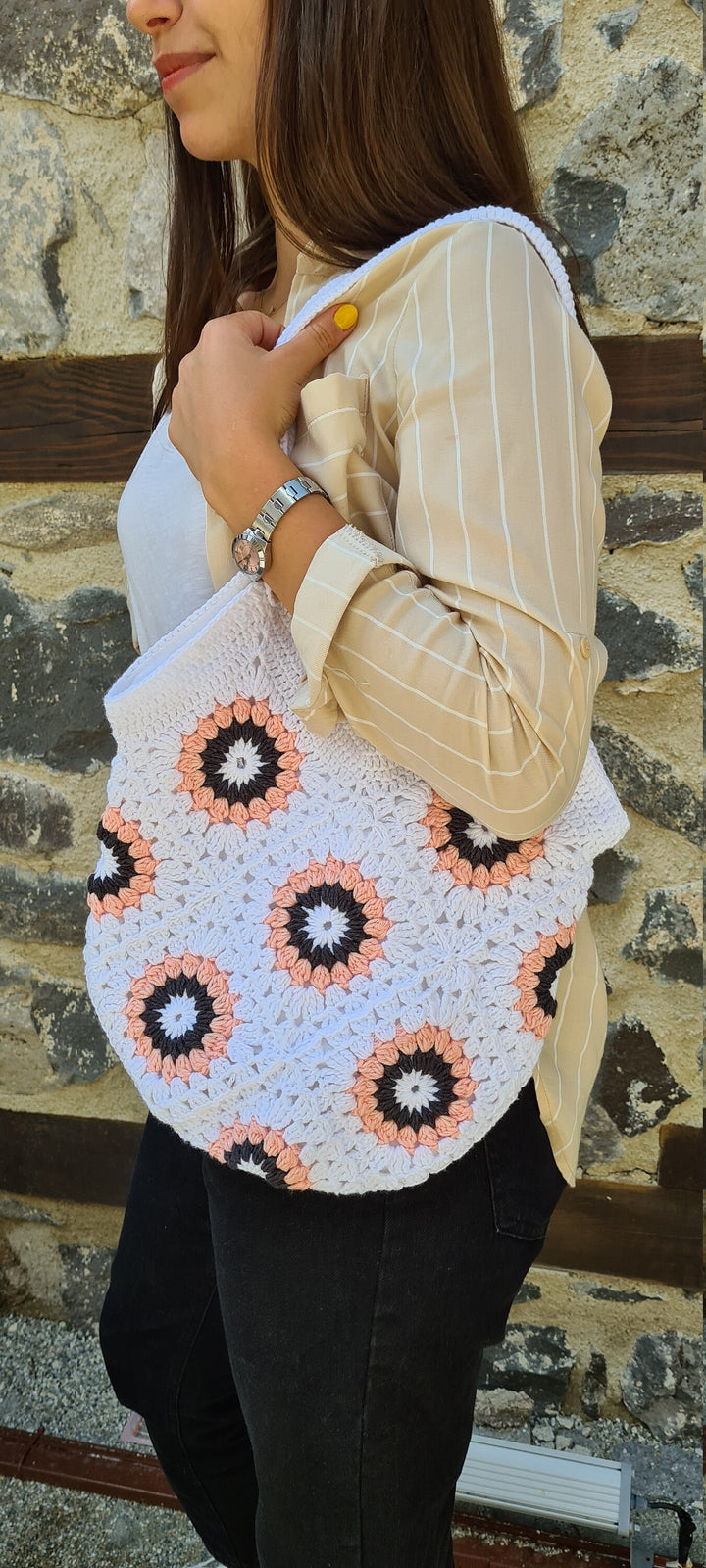 White Crochet Shoulder Bag, Summer Bag, Grannysquare Tote Bag, Crochet Purse, Handknit Bag, Mini Bag, Market Bag, Gift Her