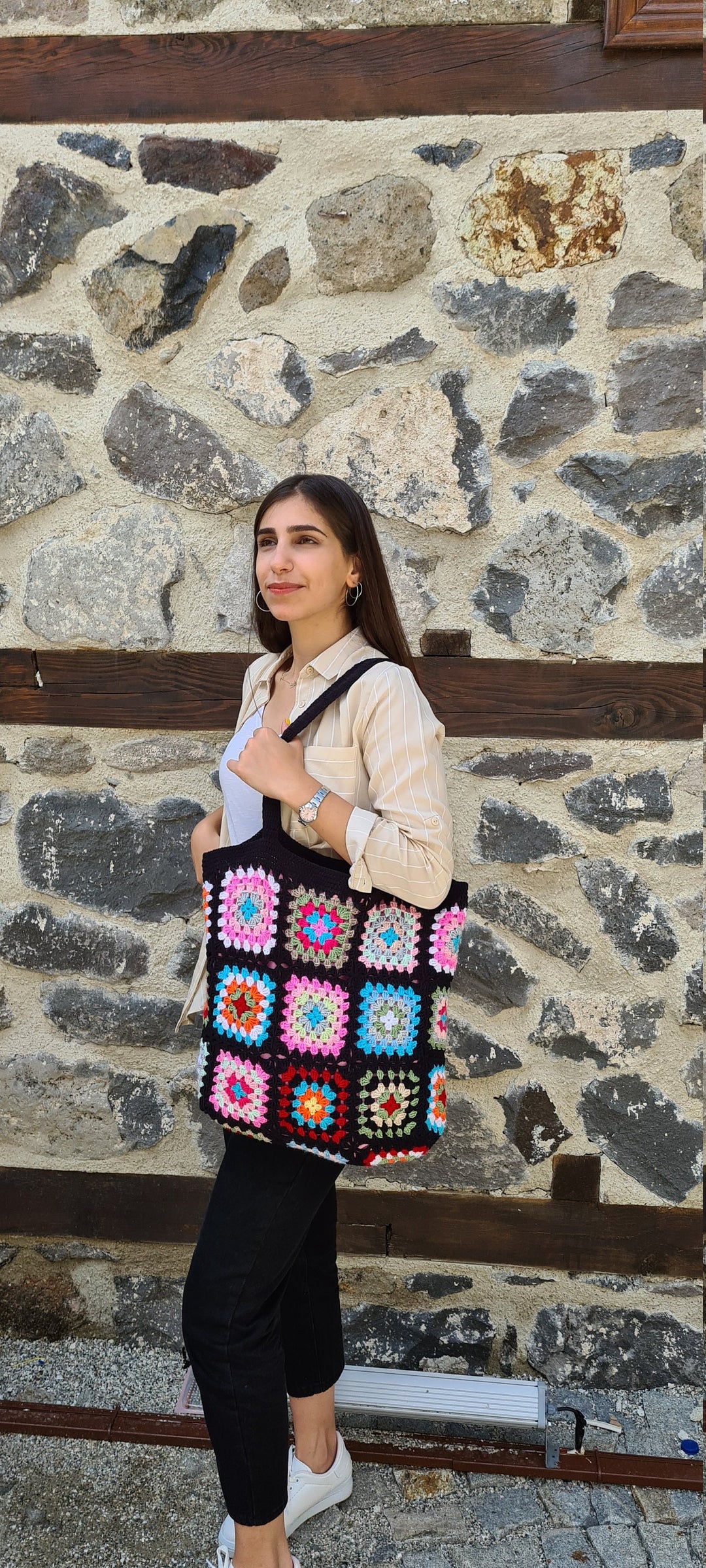 XXL Size Crochet Shoulder Bag, Extra Large Tote Bag, Afghan Crochet Bag, Knit Tote Bag, Granny Square Bag, Handmade Bag, Handknit Bag