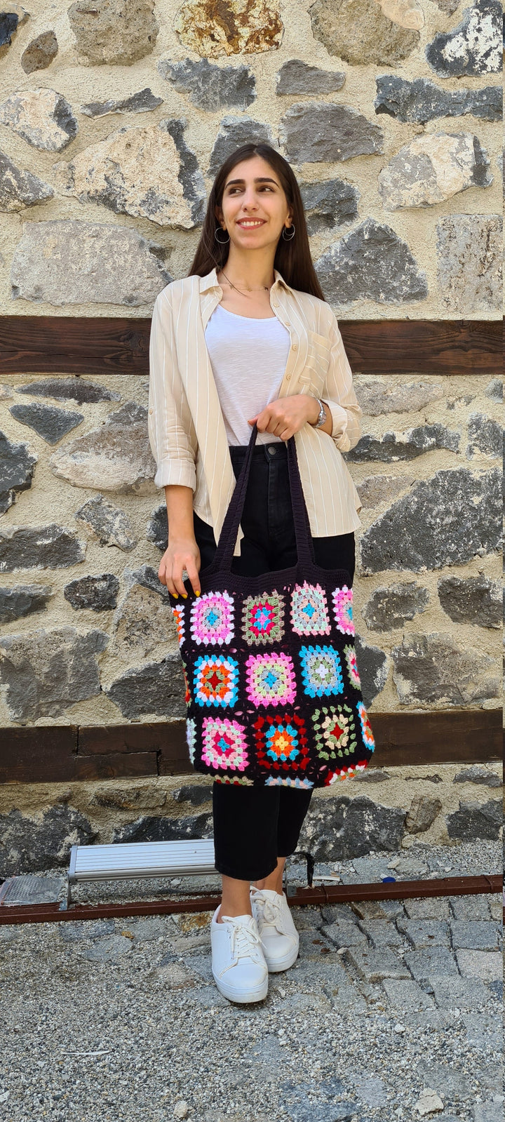 XXL Size Crochet Shoulder Bag, Extra Large Tote Bag, Afghan Crochet Bag, Knit Tote Bag, Granny Square Bag, Handmade Bag, Handknit Bag