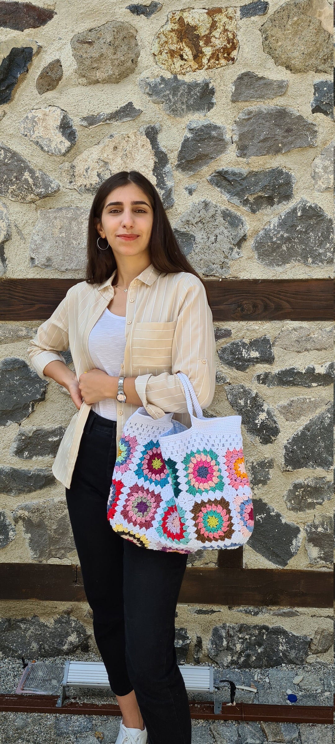 Crochet Afghan Tote Bag, Patchwork Handknit Women Bag, Granny Square Boho Bag, Crochet Purse, Summer Bag, Retro Bag, Afgan Crochet