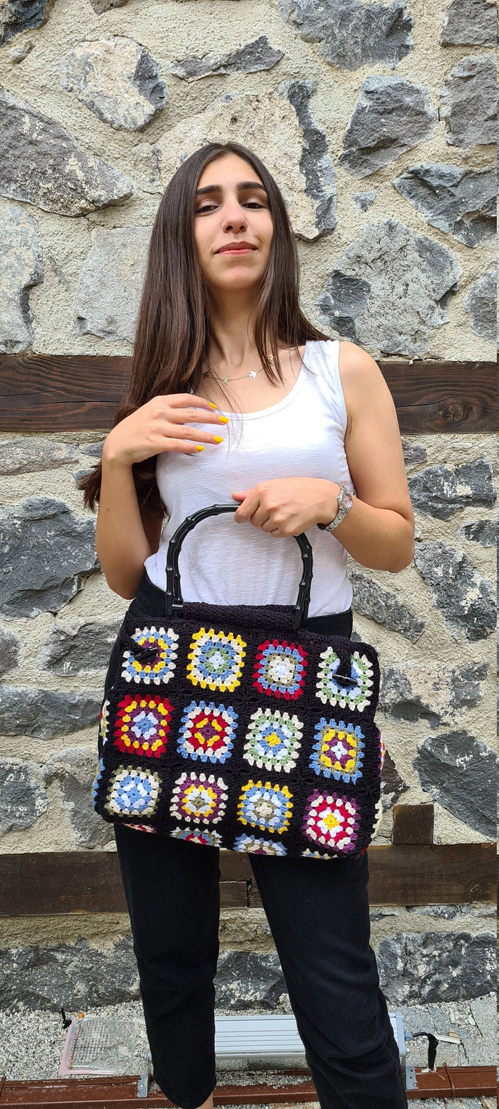 Crochet Afghan Toto Bag, Granny Square Black Bag, Hobo Bag, Boho Bag, Crochet Purse, Retro Bag, Hippie Bag, Afgan Crochet, Vintage Style