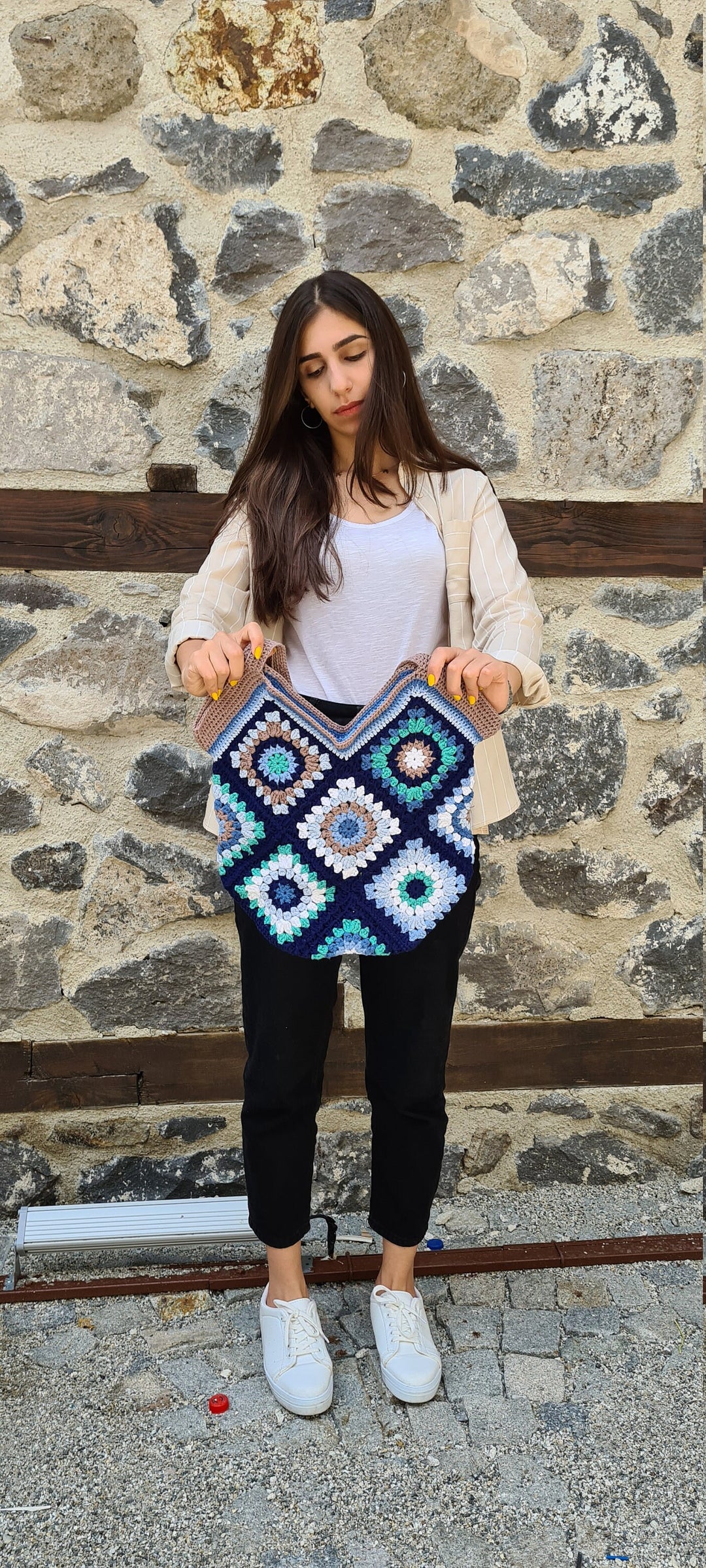 Blue Crochet Bag Afghan, Granny Square Bag, Hobo Bag, Boho Bag, Crochet Purse, Retro Bag, Hippie Bag, Bohemian Bag, Afgan Crochet